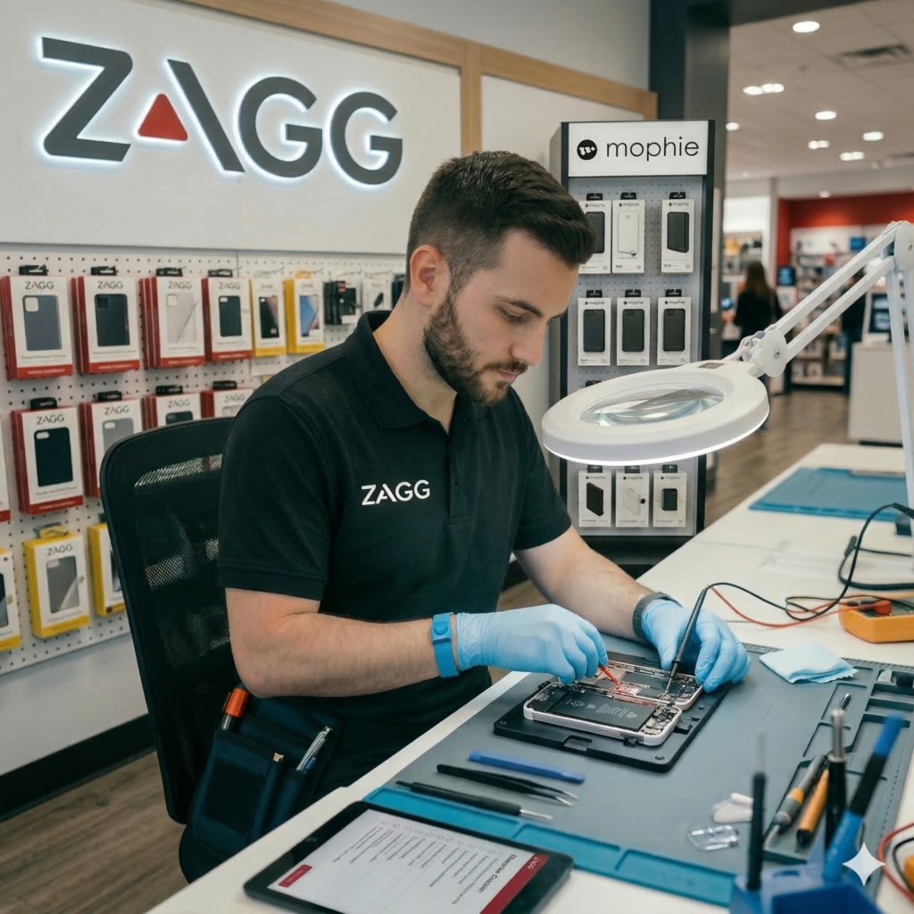 A professional ZAGG technician in a black branded polo and blue gloves uses diagnostic tools on a disassembled smartphone at a brightly lit workbench, with ZAGG and mophie retail displays in the background.