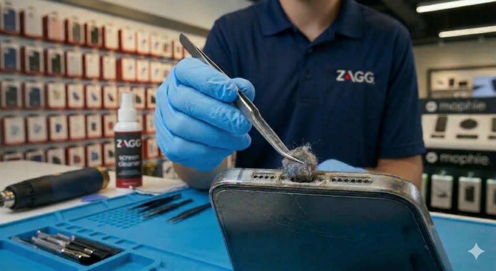 Close-up of a ZAGG technician wearing blue gloves using precision tweezers to extract a large clump of lint and debris from a smartphone charging port.