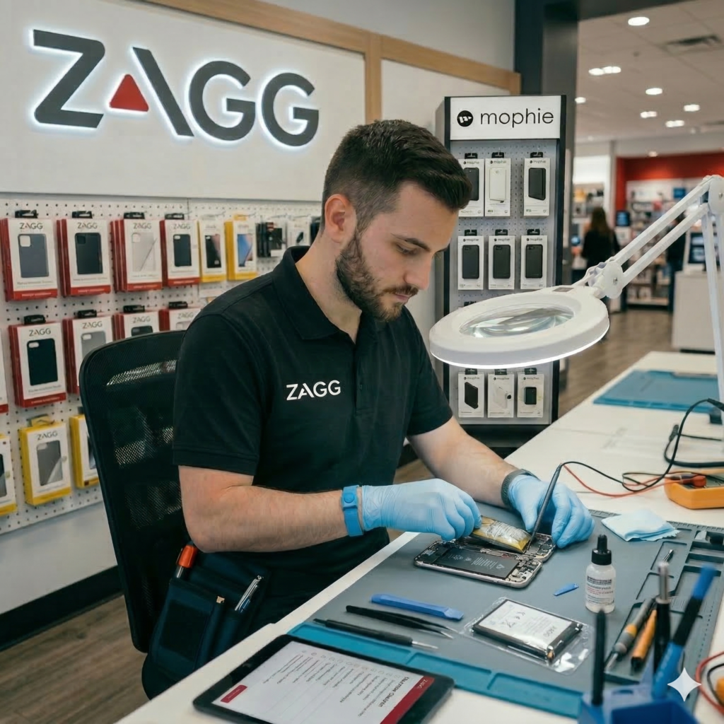 A focused ZAGG repair technician in gloves and an anti-static wrist strap meticulously works on a disassembled iPhone at a professional repair station under a magnifying lamp, with ZAGG and mophie branding in the background of a retail store.
