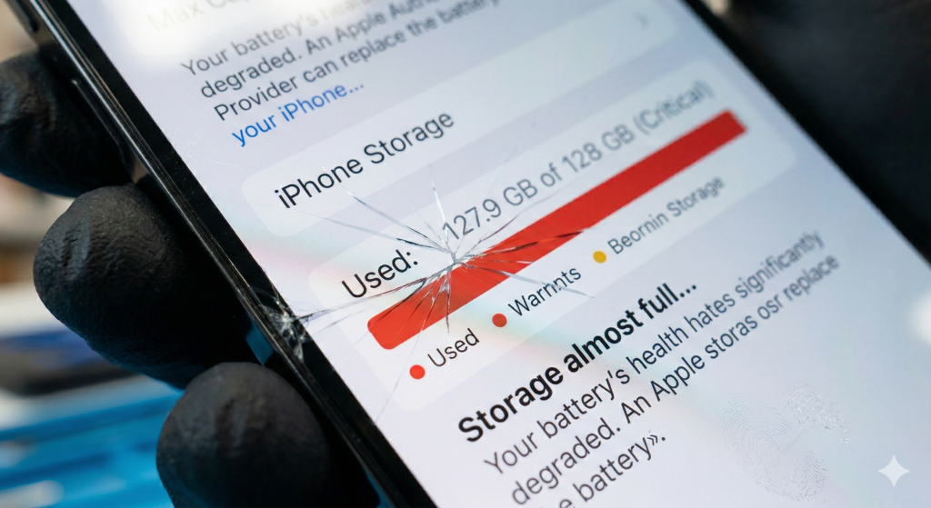 Close-up of a cracked smartphone screen held by a repair technician in black gloves, displaying critical iPhone storage and degraded battery health warnings.