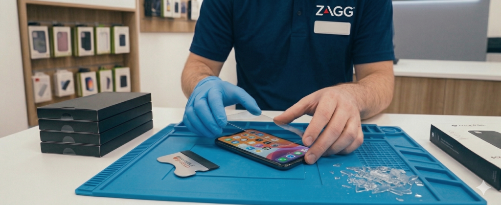 A professional ZAGG technician in a branded polo shirt presenting a smartphone with an InvisibleShield screen protector and clear case. A backlit ZAGG logo and an InvisibleShield Professional Installation sign are visible in the background.