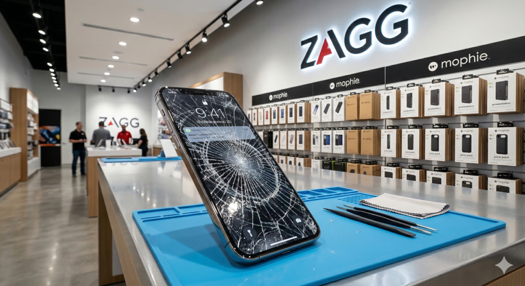 A close-up of a smartphone with a heavily cracked, spiderweb-patterned screen resting on a blue repair mat with precision tools, located on a counter inside a brightly lit ZAGG retail store with a mophie accessory wall in the background.