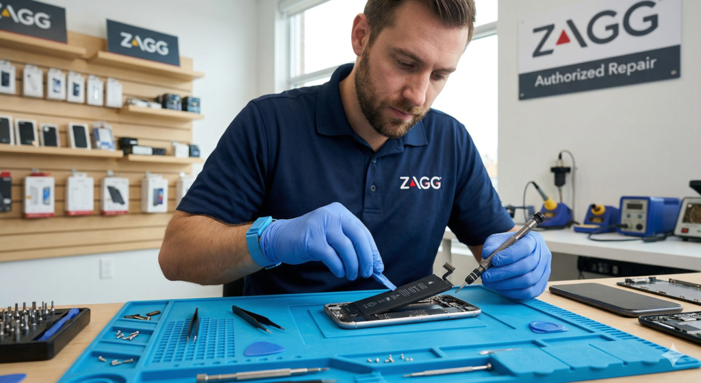 A certified ZAGG technician wearing blue gloves and an anti-static wristband uses a precision screwdriver and a pry tool to carefully remove a smartphone battery. The disassembled device rests on a blue technician mat inside a well-lit ZAGG retail store with branded accessory displays in the background.