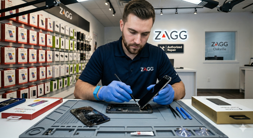 A skilled ZAGG technician carefully repairs a smartphone with a severely shattered screen. On the desk, a boxed ZAGG InvisibleShield screen protector is visible, illustrating the premium solution to prevent future screen damage from drops and impact.