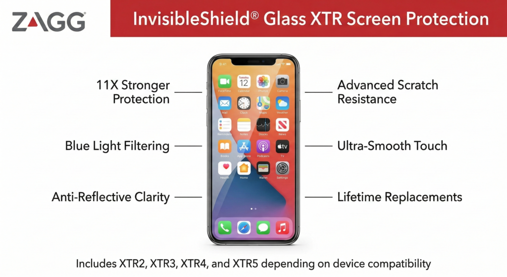 InvisibleShield Glass XTR Series screen protector with blue light filtering, impact protection, anti-reflective clarity, ultra-smooth touch, and lifetime replacements