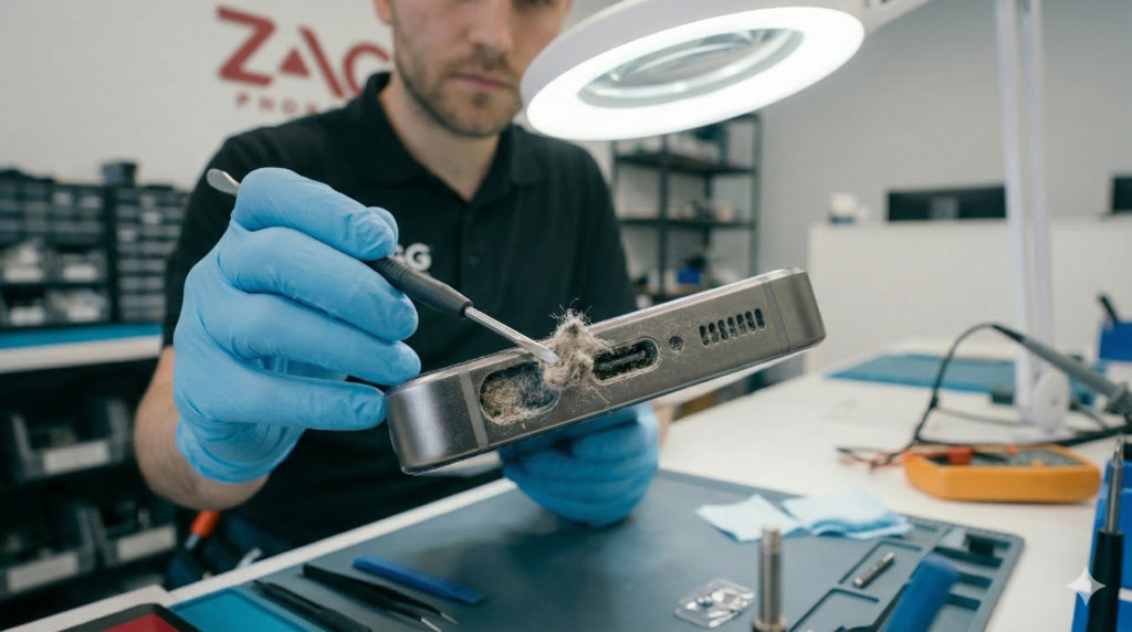 Extreme close-up of a smartphone charging port packed with lint and dust, sitting on a blue repair mat next to precision tweezers. The background shows a professional ZAGG retail store environment with mophie product displays.