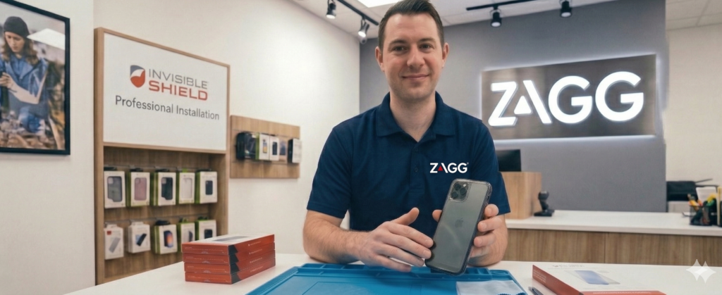 A professional ZAGG technician in a branded polo shirt presenting a smartphone with an InvisibleShield screen protector and clear case. A backlit ZAGG logo and an InvisibleShield Professional Installation sign are visible in the background.