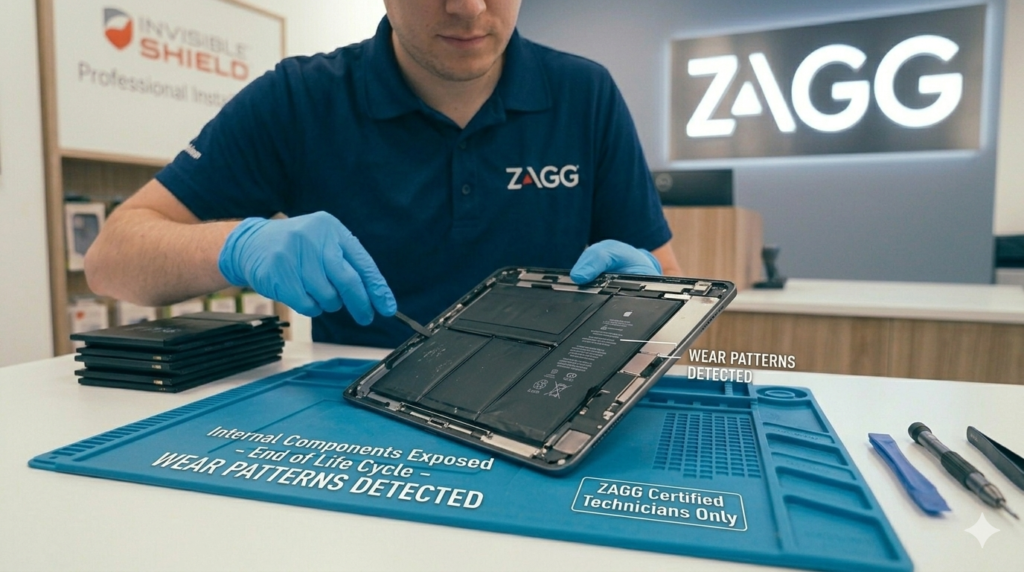 technician replacing ipad battery repair bench